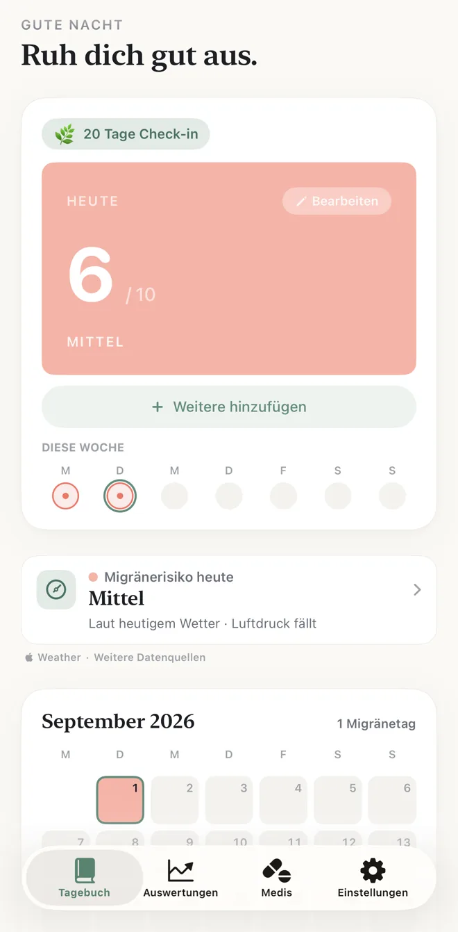 Der Startbildschirm: die Intensität von heute, eine Woche Check-ins, das Migränerisiko von heute, und ein Monatskalender mit Migränetagen.