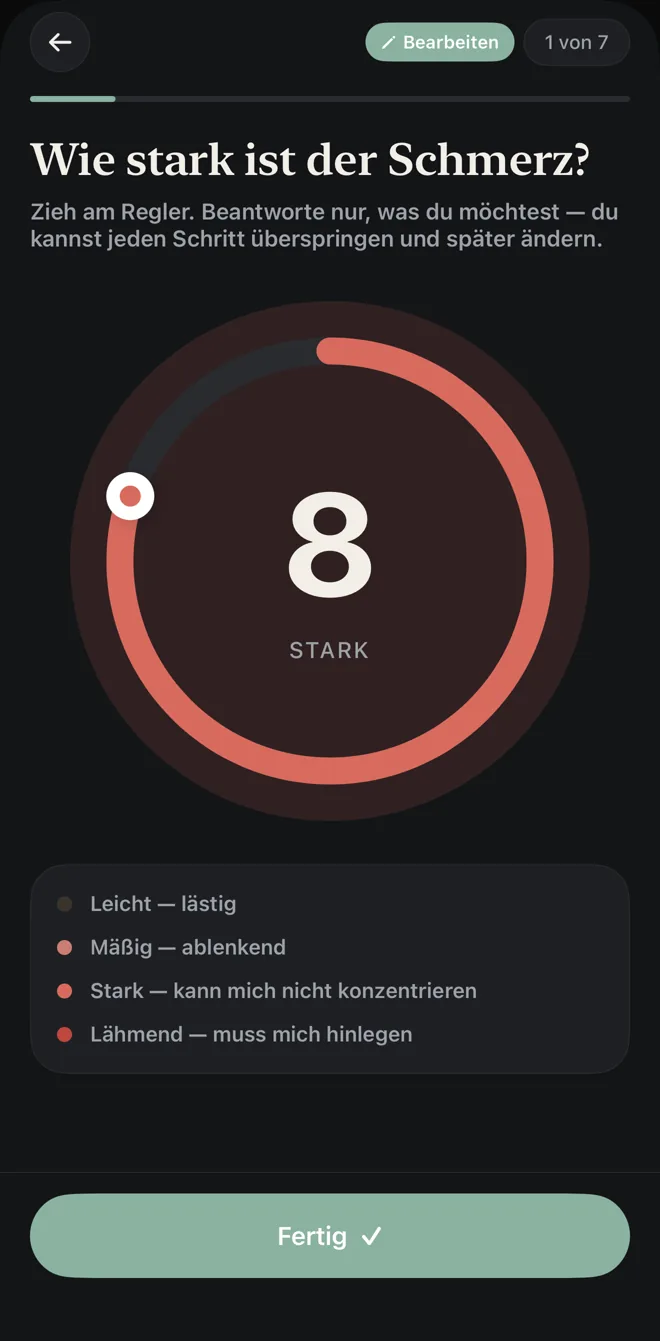 Der Intensitätsbildschirm: ein Regler auf 8, schwer, mit einer Skala von leicht bis lähmend.
