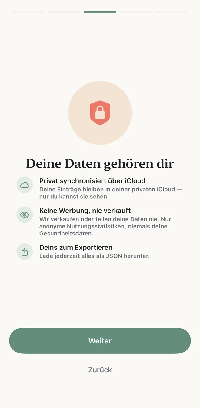 Der Datenschutz-Bildschirm: privat über iCloud synchronisiert, keine Werbung und nie verkauft, jederzeit exportierbar.