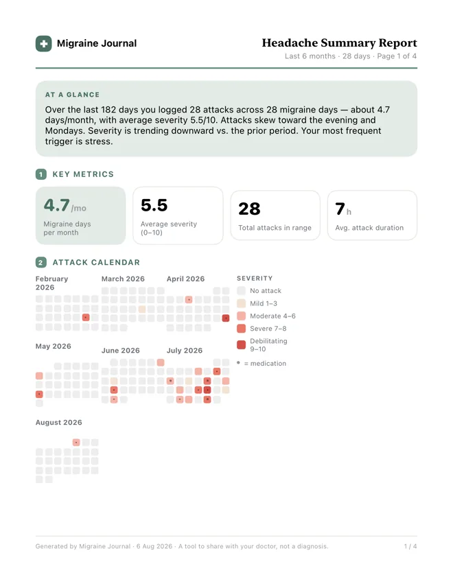Page one of the PDF report: a summary paragraph, four key metrics, and six months of attacks as a calendar.