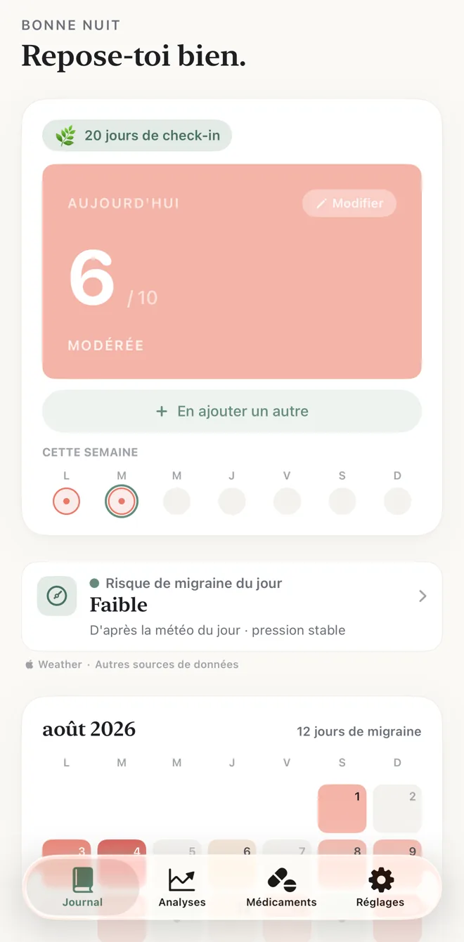 L’écran d’accueil : l’intensité du jour, une semaine de suivis, le risque de migraine du jour, et un calendrier mensuel des jours de migraine.