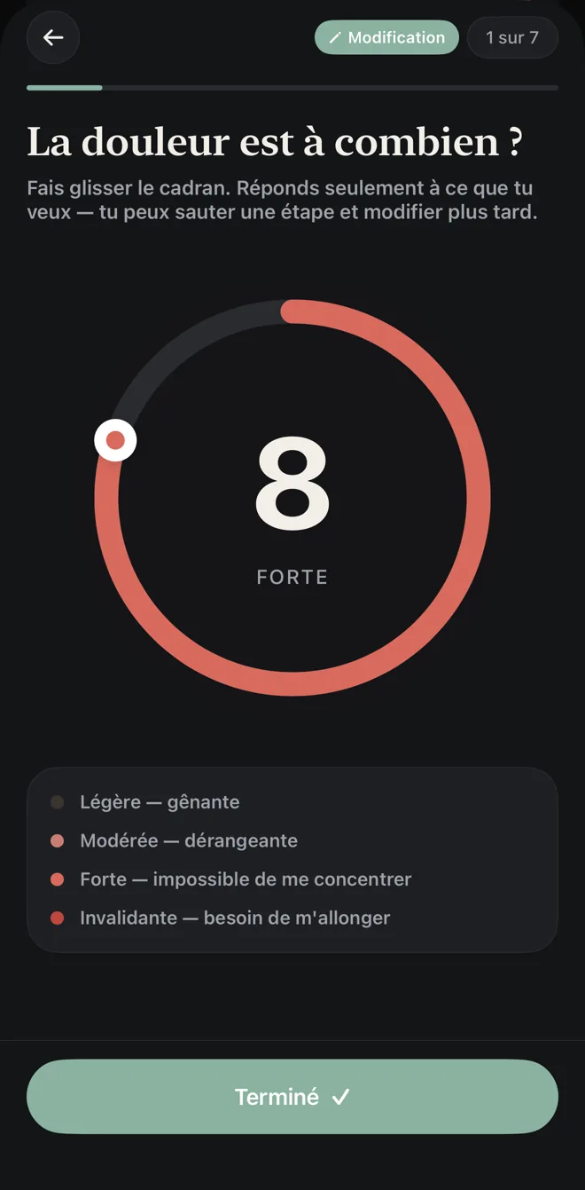 L’écran d’intensité : une molette réglée sur 8, sévère, avec une échelle de léger à invalidant.