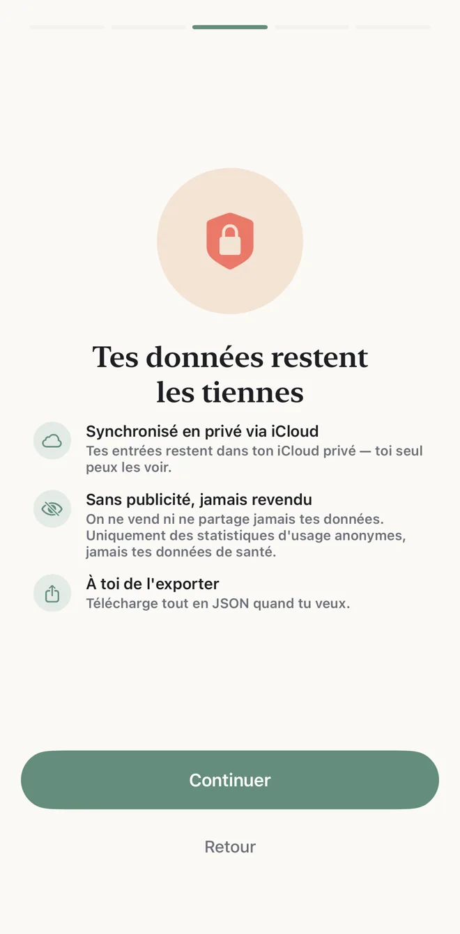 L’écran de confidentialité : synchronisé en privé via iCloud, sans publicité et jamais revendu, exportable à volonté.