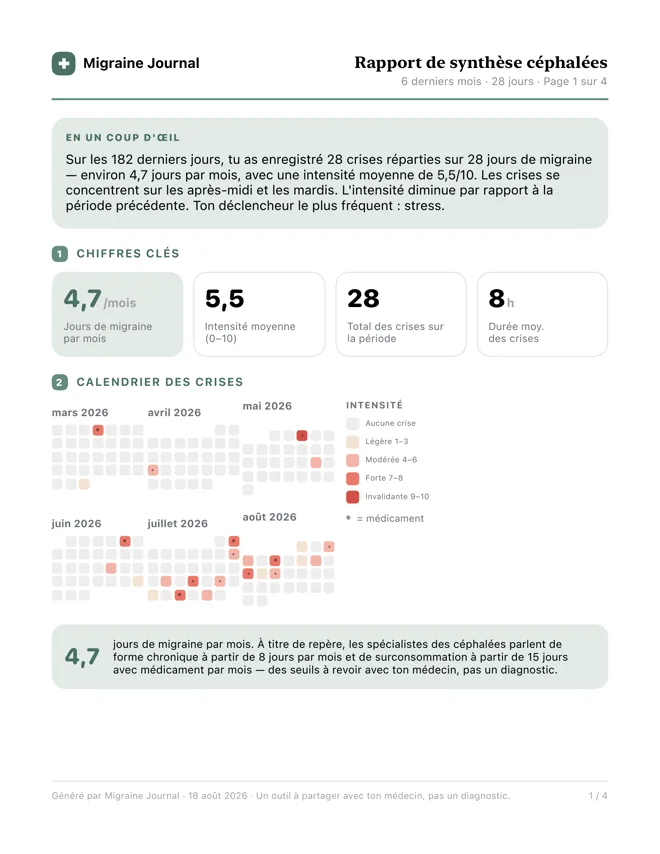 Page un du rapport PDF : un résumé, quatre chiffres clés, et six mois de crises sous forme de calendrier.