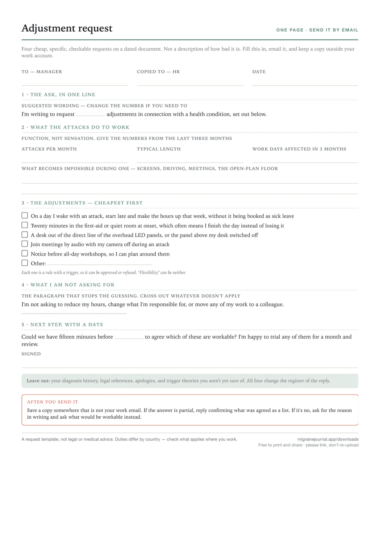 The one-page adjustment request sheet. Ruled fields for manager, HR and date sit under the heading, then five numbered sections: the ask in one line, what the attacks do to work with boxes for attacks per month, typical length and work days affected in three months, a tick-list of five adjustments ordered cheapest first, a paragraph stating what is not being asked for, and a next step with a date and signature. A tinted box lists what to leave out, and a red-outlined box headed 'After you send it' covers keeping a copy and what to do if the answer is partial or no.
